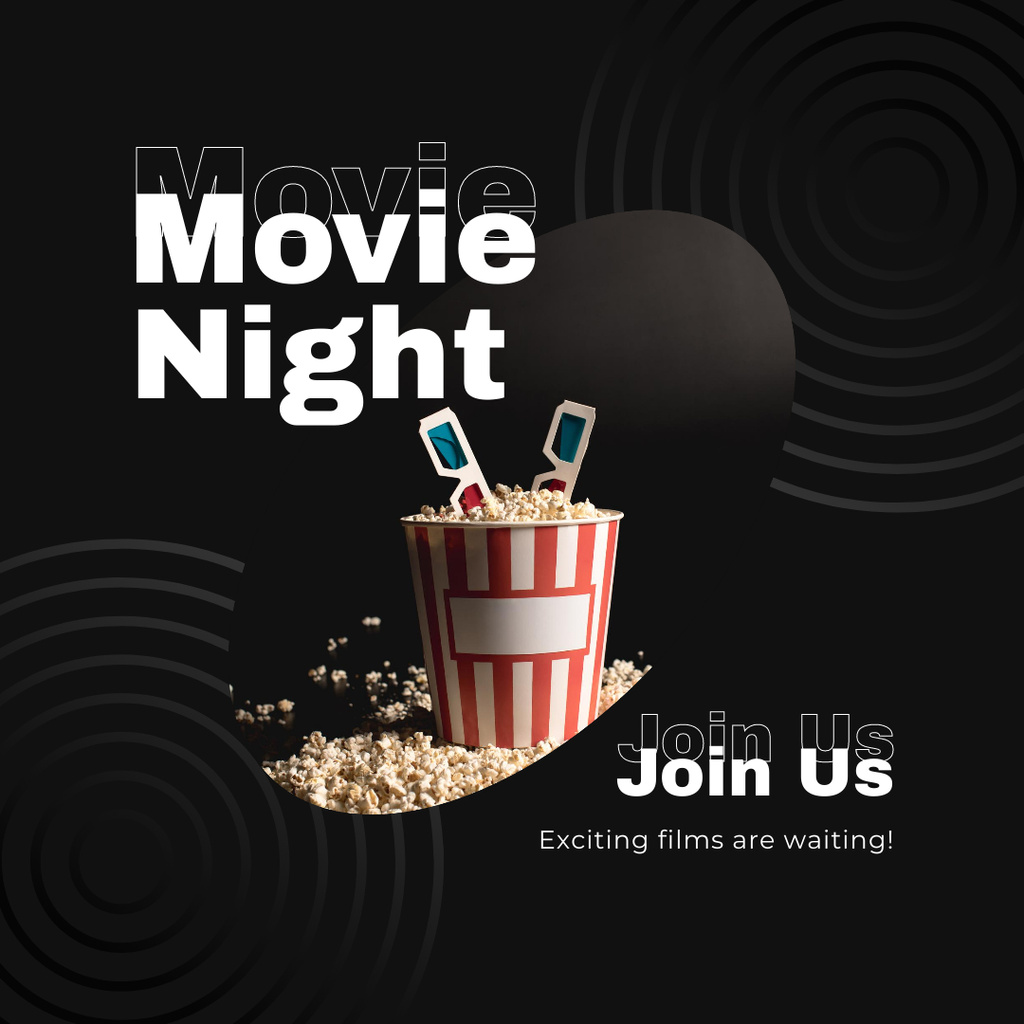 Movie Night Announcement with Box of Popcorn in Black Instagramデザインテンプレート