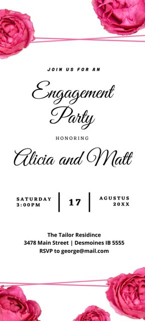 Engagement Party Announcement with Pink Flowers Invitation 9.5x21cm Design Template