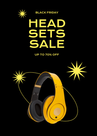 Venda de fones de ouvido amarelos na Black Friday Postcard 5x7in Vertical Modelo de Design