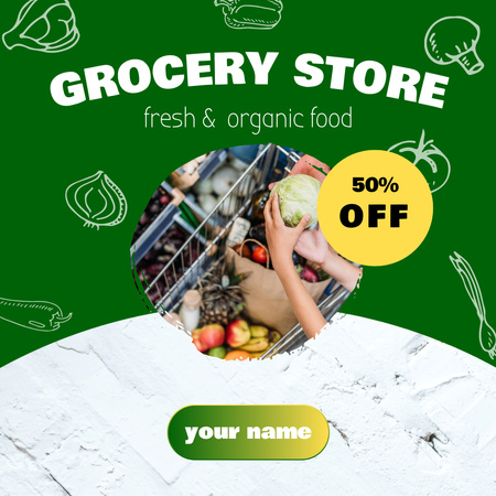Organic Groceries In Trolley With Discount Instagram Design Template