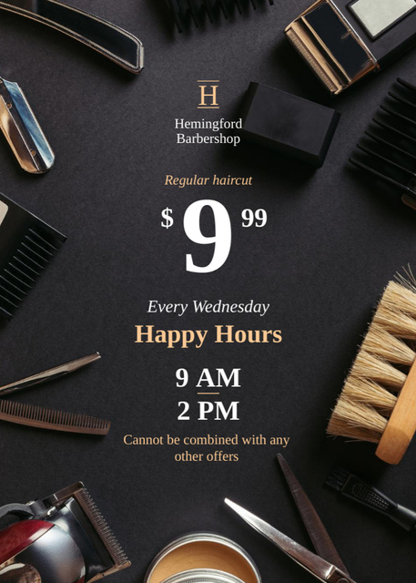 Plantilla de diseño de Barbershop Happy Hours Announcement on Black Flayer 