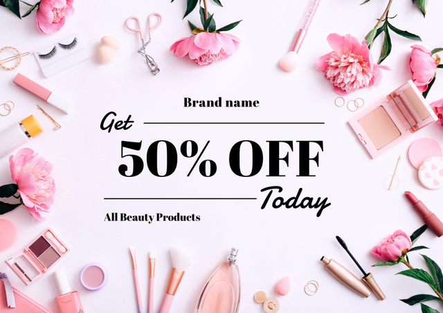 Beauty Products At Discounted Rates Offer with Pink Flowers Poster B2 Horizontal Design Template