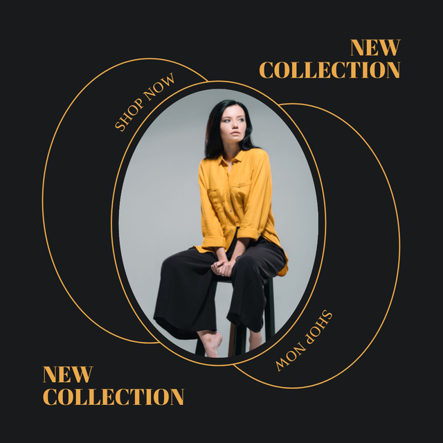 New Collection Ad with Woman posing in Yellow Blouse Instagram Design Template
