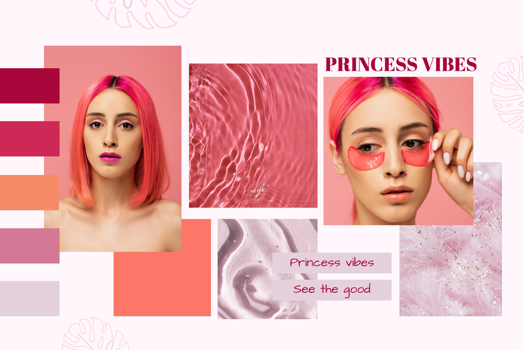 Designvorlage Self Love Inspiration with Beautiful Woman in Pink Sunglasses für Mood Board