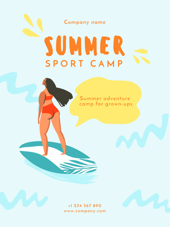 Summer Sport Camp Ad with Woman Riding on Surfboard Poster US Πρότυπο σχεδίασης