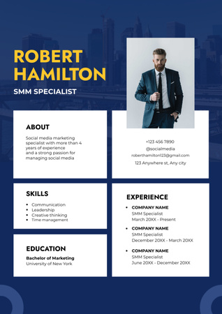 Skills and Experience in Social Media Marketing on Blue Resume Design Template