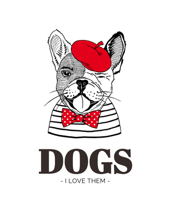 Cute Sketch of Bulldog T-Shirt Design Template