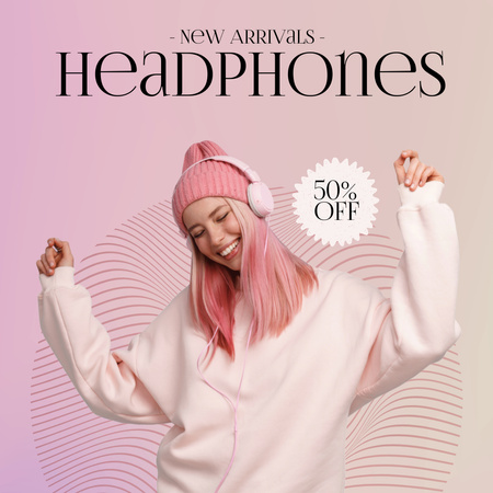 Announcement Of New Arrival Headphones With A Young Woman On Pink Instagram AD Design Template