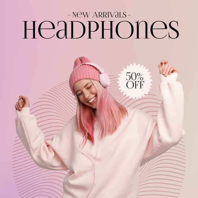 Modèle de visuel Announcement Of New Arrival Headphones With A Young Woman On Pink - Instagram AD
