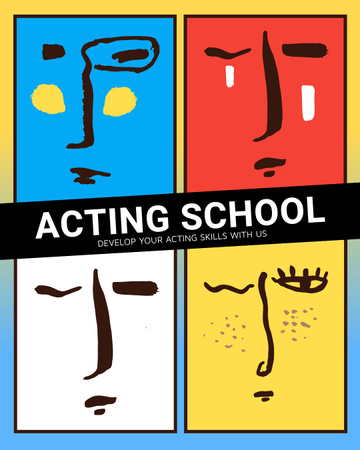 Plantilla de diseño de Promoción de la escuela de actuación con vívidos bocetos de rostros Instagram Post Vertical 