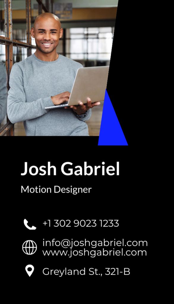 Modèle de visuel Motion Designer Services Offer With Contacts - Business Card US Vertical