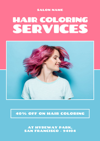 Hair Coloring Services Ad with Young Woman Waving Pink Hair Flayer Design Template