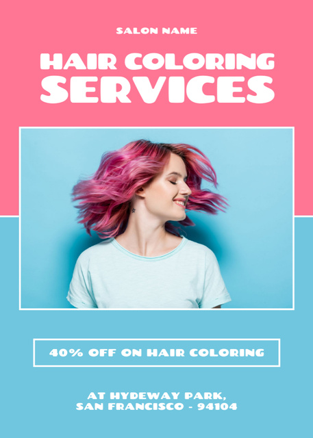 Plantilla de diseño de Hair Coloring Services Ad with Young Woman Waving Pink Hair Flayer 