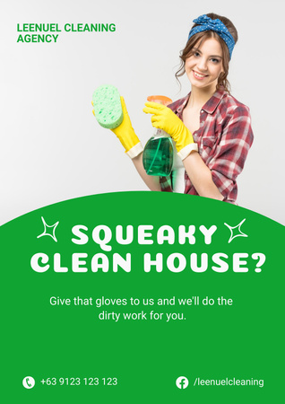 Cleaning Service Offer with Girl in Yellow Gloved Poster Modelo de Design