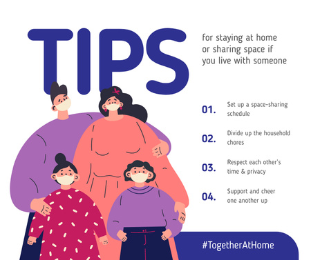 #TogetherAtHome Tips for staying home with Family in masks Facebook Modelo de Design