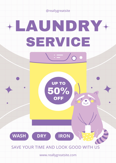 Designvorlage Laundry Discount Offer with Cute Raccoon für Poster