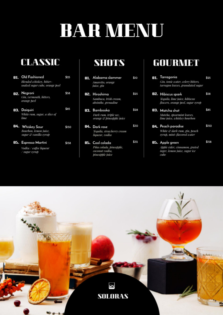 Alcoholic Drinks And Cocktails With Description Promotion Menu Design Template