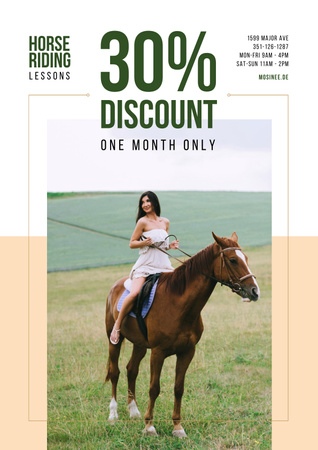 Riding School Promotion with Woman Riding Horse Poster Design Template