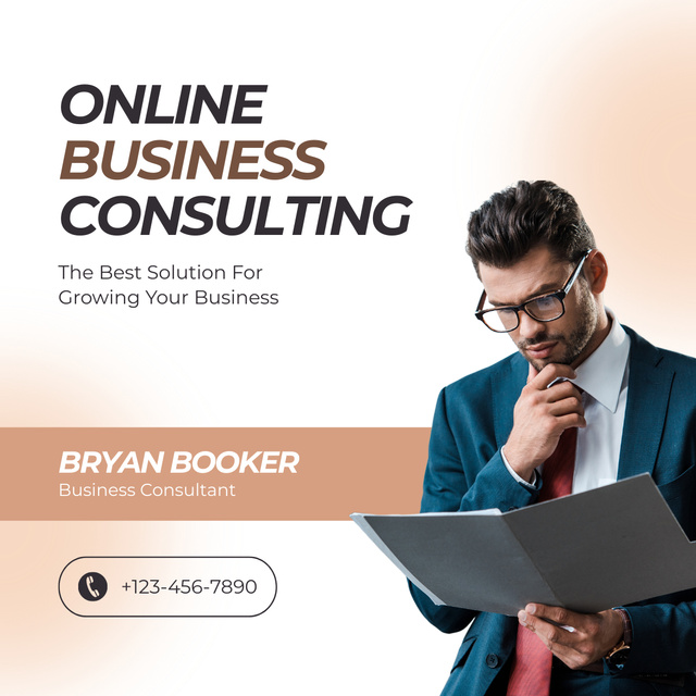 Online Business Consulting Services with Businessman reviewing Report LinkedIn post – шаблон для дизайну