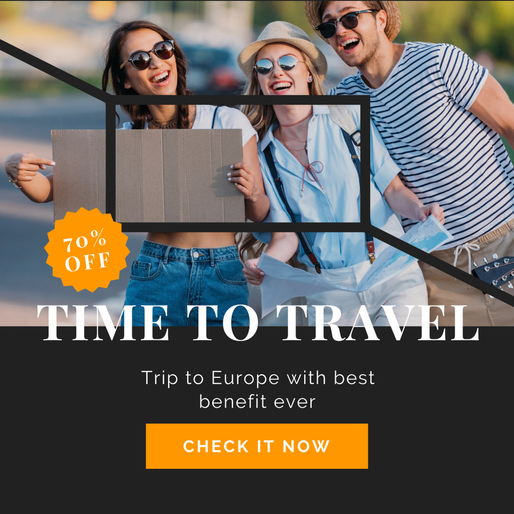 Travel Offer with Happy Young People Instagram Design Template