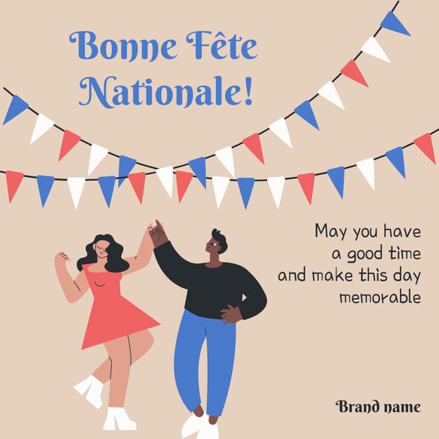 Memorable France Day Greeting With Dancing Couple Instagram Design Template