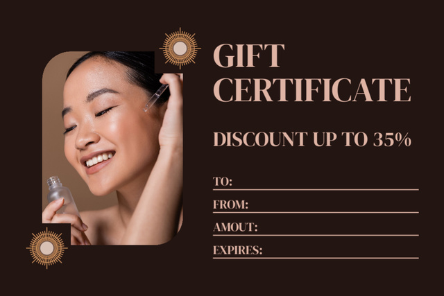 Skin Care Gift Voucher Offer with Attractive Asian Woman Gift Certificate Design Template