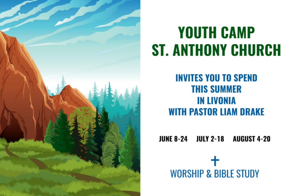 Plantilla de diseño de Youth Religion Camp With Scenic Mountains View Postcard 4x6in 