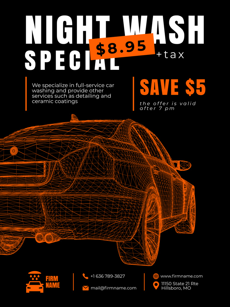 Offer of Night Car Wash Services Poster US – шаблон для дизайну