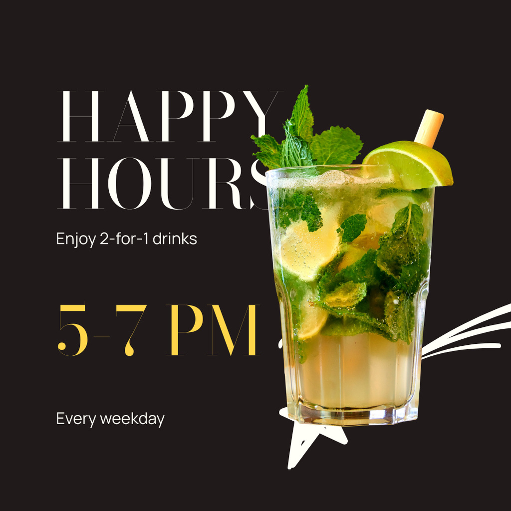 Happy Drinks Hour with Cocktail with Ice and Lemon Instagramデザインテンプレート