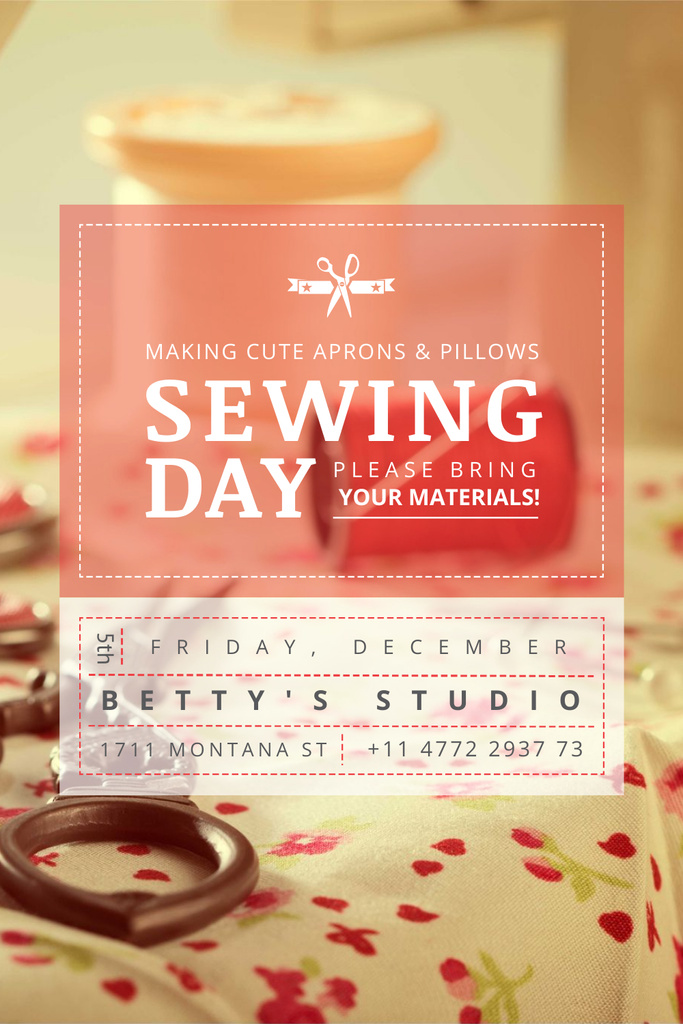 Designvorlage Sewing Day Event Invitation on Red and Yellow für Pinterest