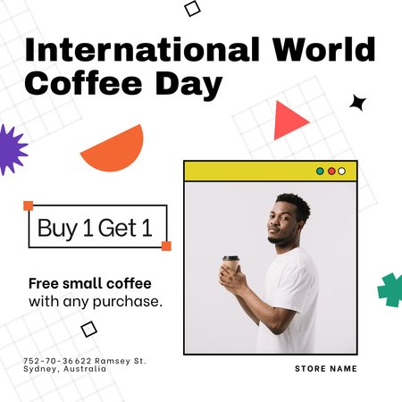 Man Drinking Latte for Coffee Day  Instagram Design Template