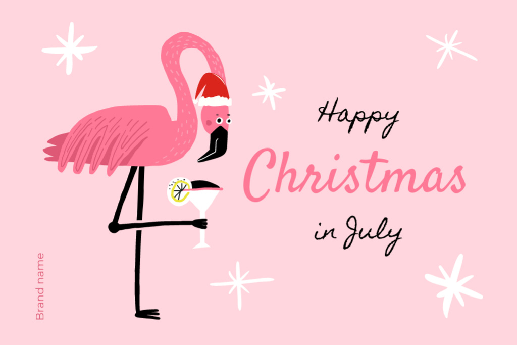 Delightful Christmas In July Congrats With Flamingo And Cocktail Postcard 4x6in Tasarım Şablonu