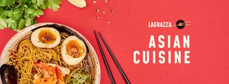 Aasialaisen keittiön ruokalaji nuudeleilla ravintolassa punaisena Facebook cover Design Template