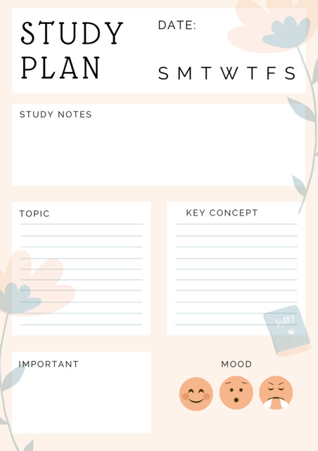 Simple Study Planner with Flowers and Emoticons Schedule Plannerデザインテンプレート