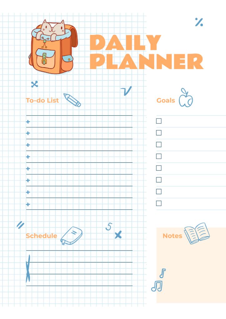 Daily Planner with Cute Cat in School Backpack Schedule Planner Tasarım Şablonu