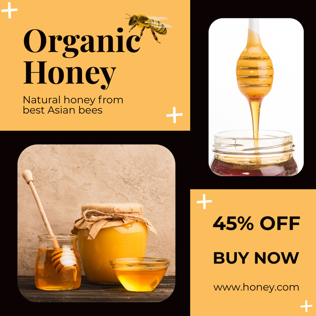 Organic Honey Sale Black and Yellow Instagramデザインテンプレート