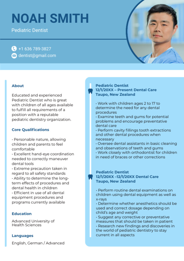 Professional Pediatric Dentist Skills and Experience Specialist Resume Design Template
