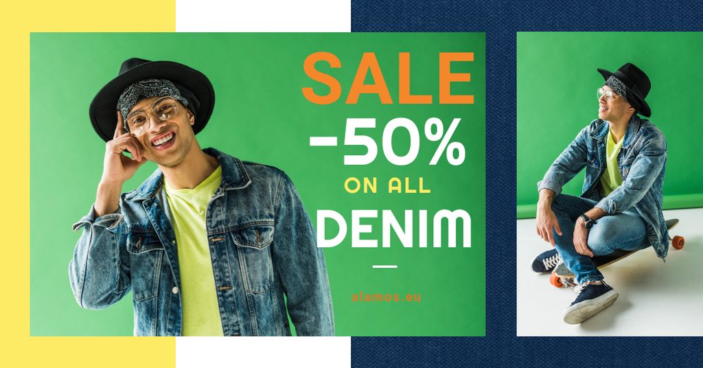 Plantilla de diseño de Denim Sale Stylish Man in Hat in Green Facebook AD 