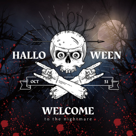 Plantilla de diseño de invitación de vacaciones de halloween con cráneo espeluznante Instagram 