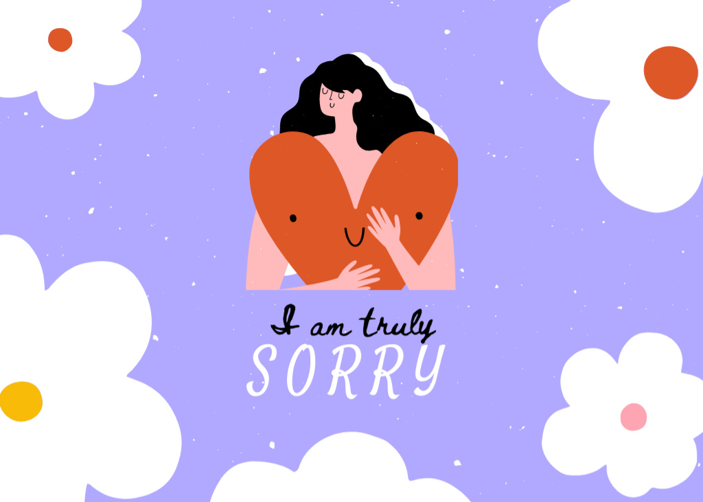 Plantilla de diseño de I'm Truly Sorry Phrase With Woman Holding Heart Postcard 5x7in 