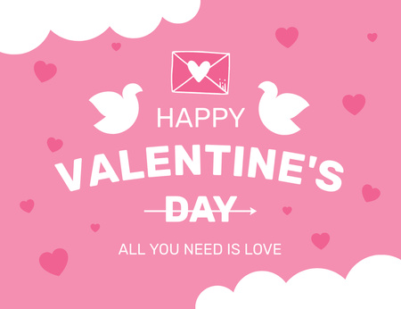Happy Valentine's Day Greeting With Doves in Pink Thank You Card 5.5x4in Horizontal Design Template