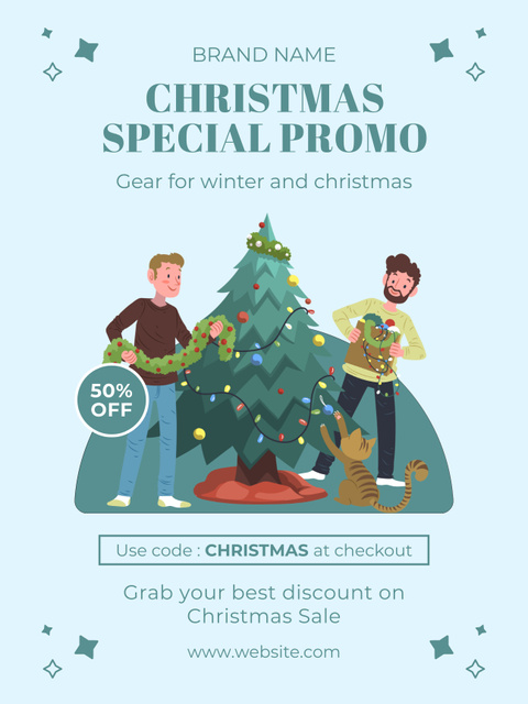 Christmas Promo with Family Decorating Tree with Cat Poster US Design Template
