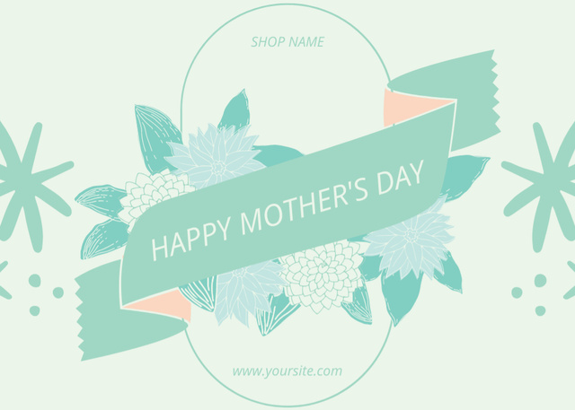 Mother's Day Greeting with Green Ribbon and Flowers Postcard 5x7in Tasarım Şablonu