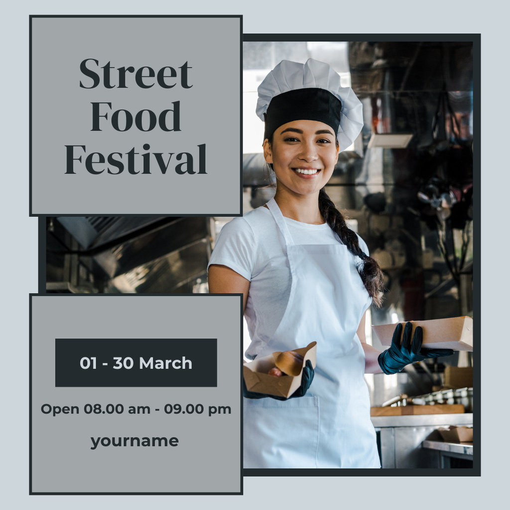 Designvorlage Street Food Festival Announcement with Smiling Cook für Instagram