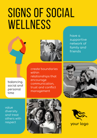 Signs of Social Wellness with Multiracial People on Yellow Poster B2デザインテンプレート
