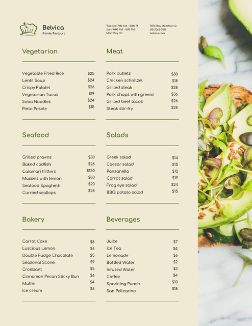 Toast with Avocado and Seeds Menu 8.5x11in Design Template