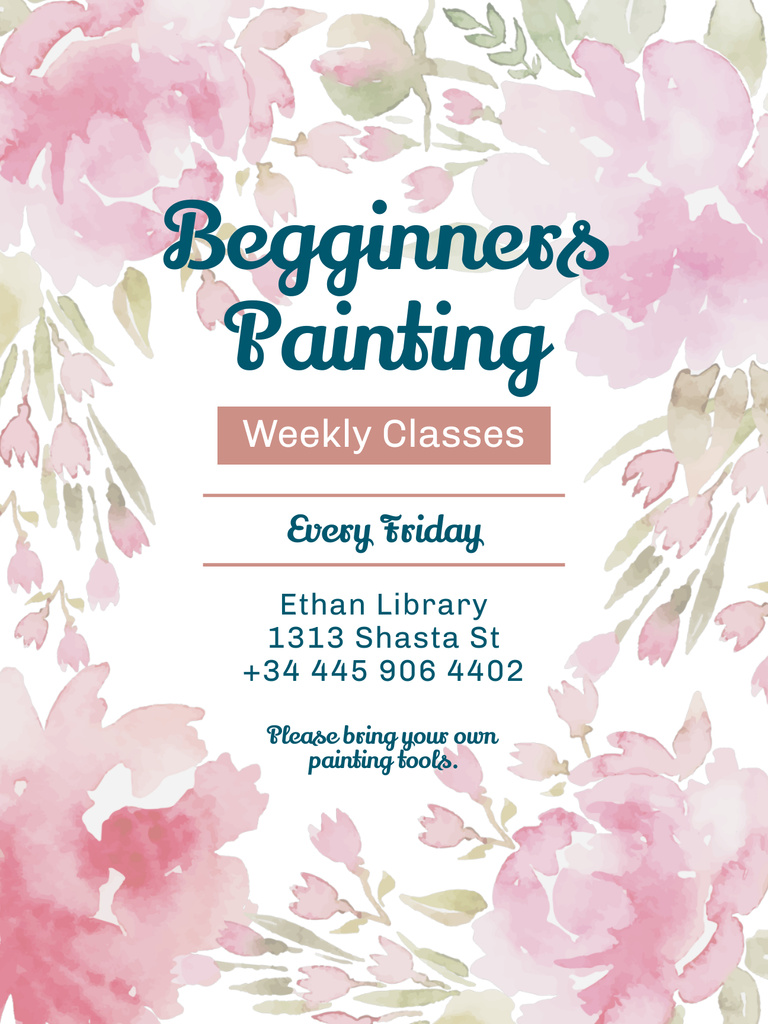 Art Painting Classes Ad with Tender Flowers Drawing Poster US – шаблон для дизайну