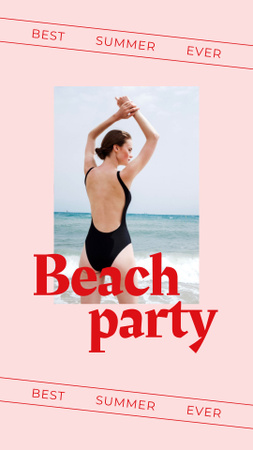 Summer Beach Party Announcement with Woman in Swimsuit Instagram Story Modelo de Design