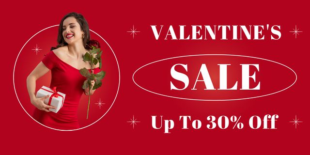 Valentine's Day Sale Ad with Romantic Lady in Red Twitter Tasarım Şablonu