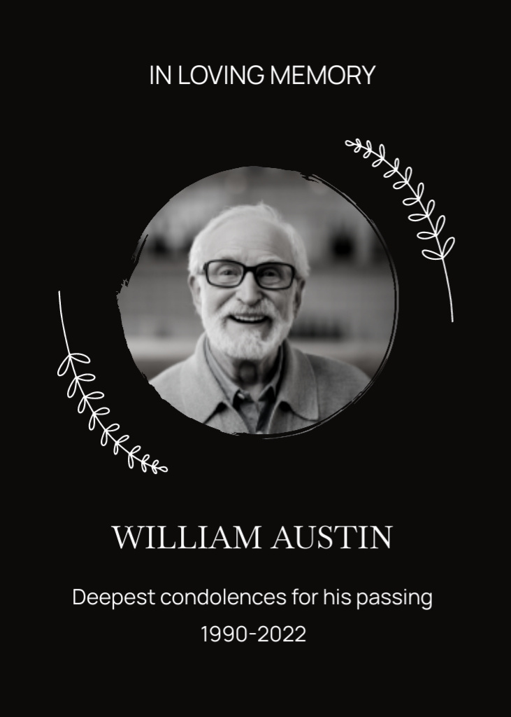 Designvorlage Funeral Message With Photo of Old Man für Postcard 5x7in Vertical